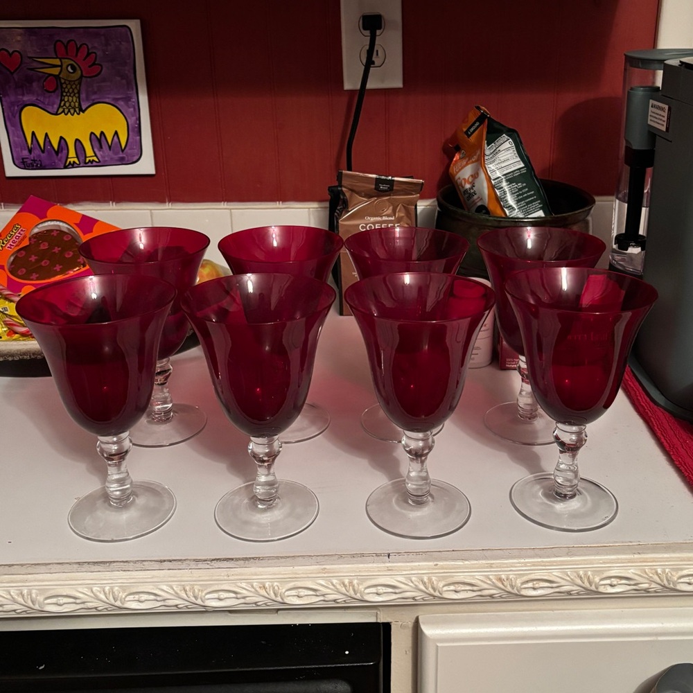 Elegant Red & Clear Bell Shape Wine Glass Set of 8